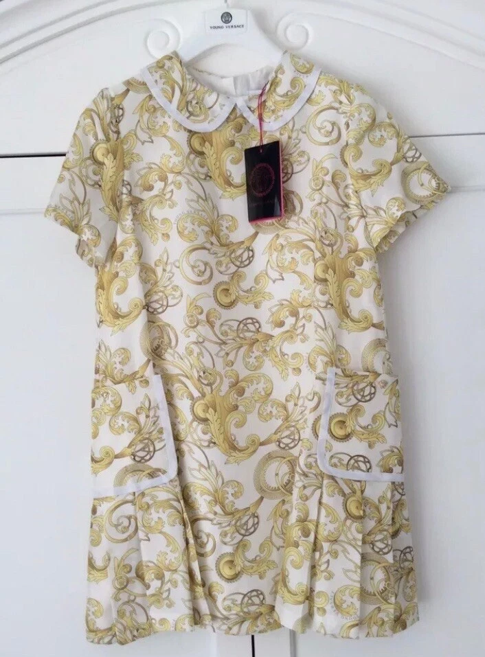 YOUNG VERSACE 100% Silk White & Gold Baroque Patterned Dress - Made In Italy