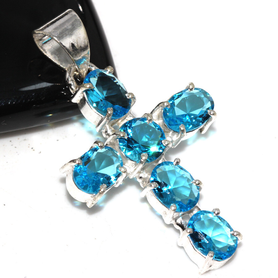 925 Silver Plated Blue Topaz Ethnic Cross Pendant Jewelry Size 1.7