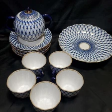 Imperial Porcelain Lomonosov Cobalt Net Tea Set Vintage USSR Markings