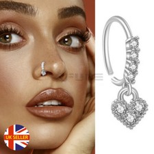 Round CZ Paved Crystal Heart Dangle Silver Piercing Hoop Lip Ear Nose Ring 1pc
