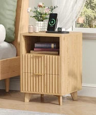 Fluted Nightstand with Charging Station, 13.8" D x 15" W x 22.8" H Modern End...