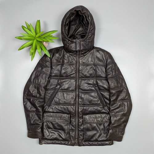 Hackett, Hackett London Vintage Lambskin Leather Hooded Puffer Jacket Men`s Size M Italy