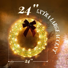 24in Pre-Lit Christmas Wreath with Lights, Bows for Outdoor Holiday Decoration