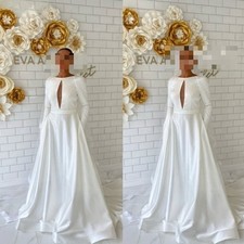 Simple Satin Wedding Dresses With Pocket Long Sleeves Sweep Train Bridal Gowns