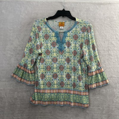 Ruby Rd Womans Blouse Top Multicolor Petites Medium Geometric Long Sleeve V Neck