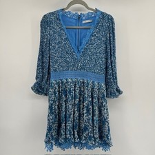 Alice + Olivia Jonna Pleated Deep V Mini Dress Womens 6 Blue Floral Fit andFlare