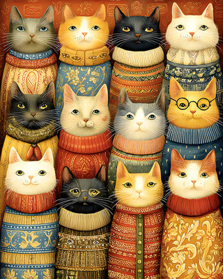 8x10 Cozy Storybook Group of Cats Art Print Classic Illustration - 263416565