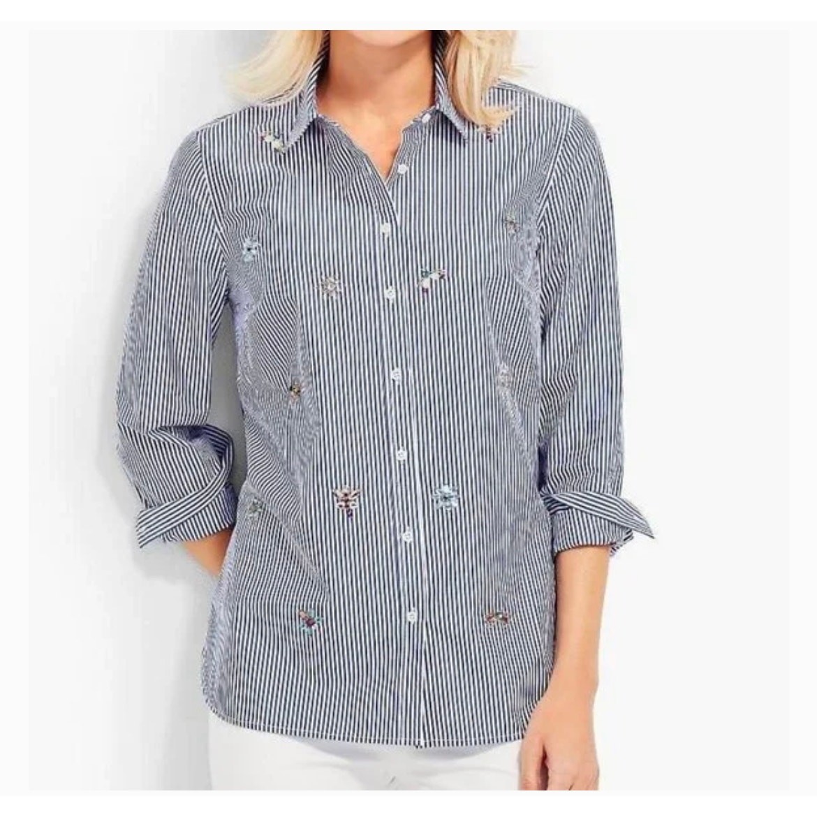 Talbots striped button down blouse rhinestone flo… - image 2