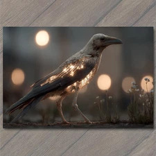 POSTCARD Glowing Raven Metallic Feathers Steampunk Fantasy Night Light Bird