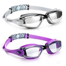 2 Pack Anti-Fog Swim Goggles for Adult Youth Kids 6 , Purple  Bright Silver