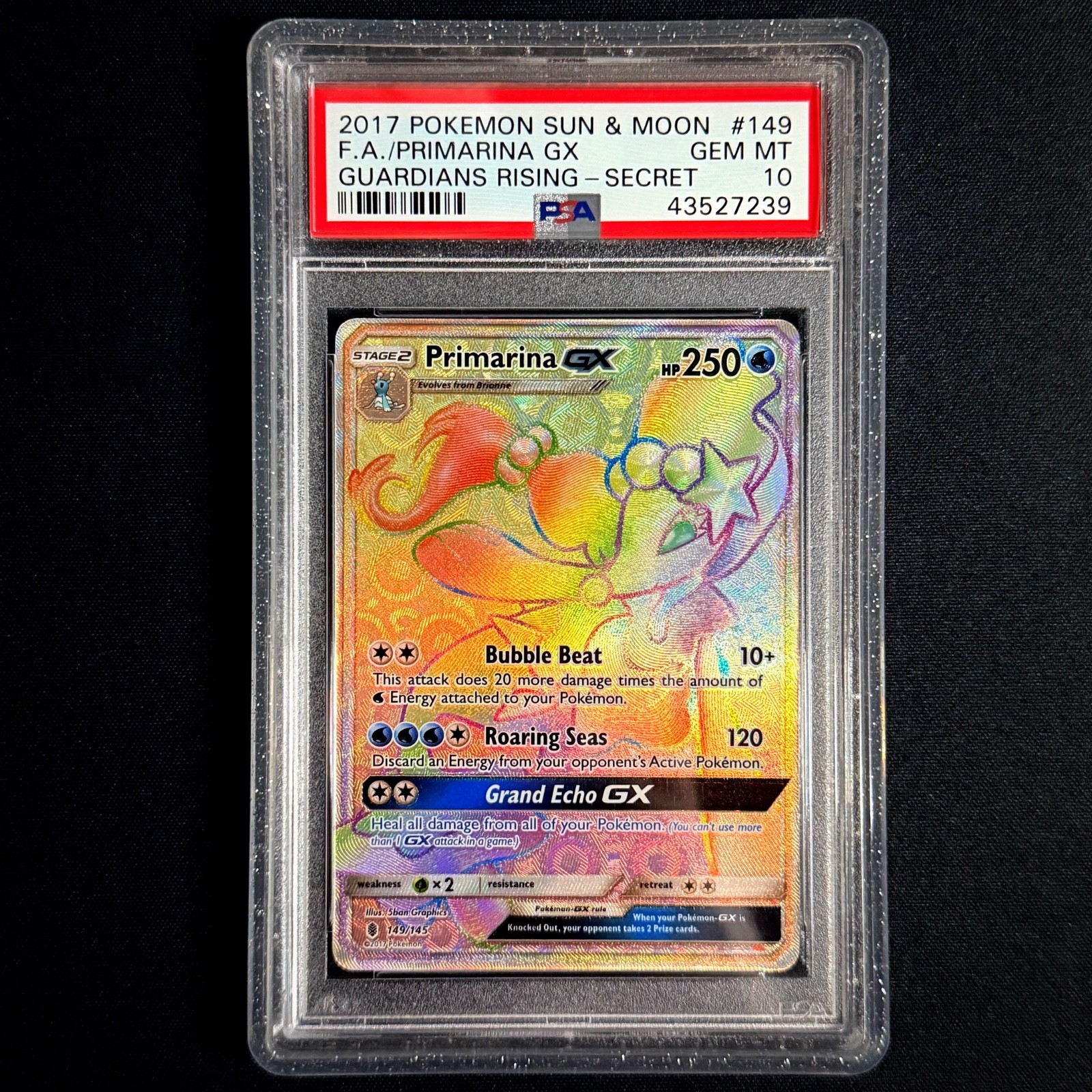 PSA 10 Primarina GX Secret Rare 149/145 Guardians Rising 2017 Pokemon Card