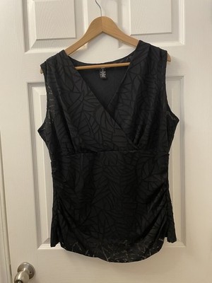 Alfani Woman 2X Black Leaf Layered Knit Sleeveless Surplice Pullover Tank/Shell