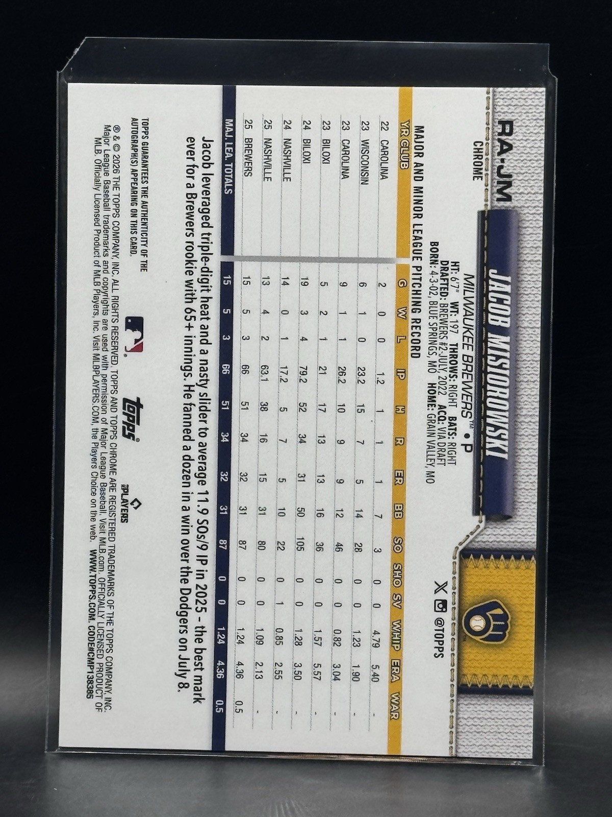 2026 Topps Chrome #RA-JM Jacob Misiorowski RC Auto Gold Raywave Refractor #/50 view 2