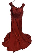 Beti's Red Satin Lace-Up Lace Accent Long Train Gown Dress S MPN 7261