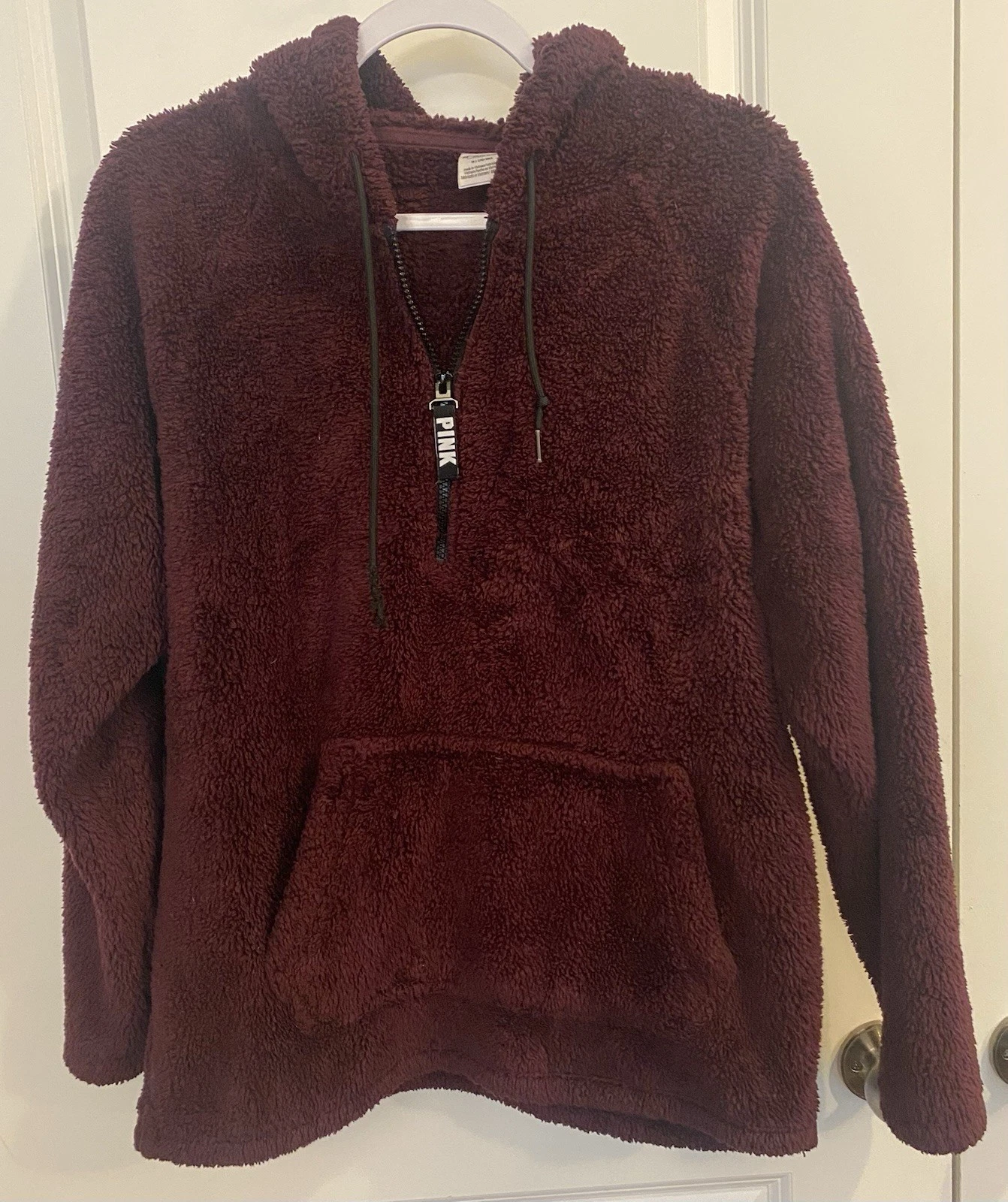 PINK Victoria’s Secret 1/4 Zip Hoodie Sherpa Sz M Burgundy Kangaroo Pocket