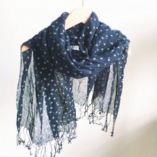 Womens Casual Flax Linen Floral Shawl Dark Blue Garden Flowers Scarf Wrap Stole
