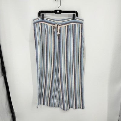 Per Se Carlisle Linen Blend Wide Leg Crop Pant Drawstring Stripe Blue Sz XL