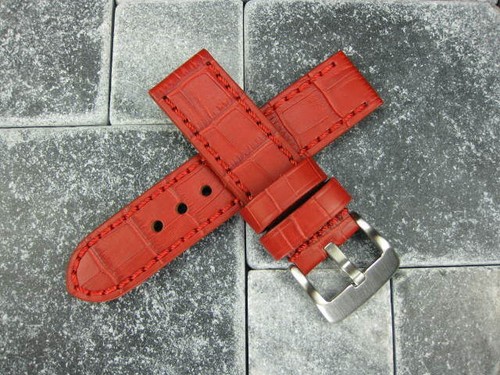 24mm BIG CROCO Leather Strap Red Thick Watch Band Belt Red Stitch for PANERAI - Picture 5 of 10
