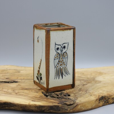 Vintage Mexico Tonala Pottery Rectangular Prism Vase - Owl - Signed