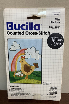 Bucilla Mini-Picture Vintage 1982 Counted Cross Stitch Kit Chicken Rainbow 48923
