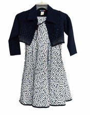 Color Box Girl Polyester White Blue Floral Collared Long Sleeve Jacket Dress Set