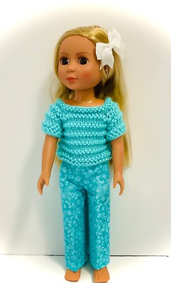 New Handmade Knitted Sweater & Pants For 14.5 Inch Doll - Hair Bow with Clip