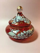 Covered Candy Dish Hand Painted Florals Ruby Flash Glass, Norleans Ruby Red