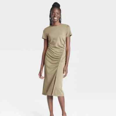 A New Day-Womens Side Ruched Dress SHORT SLEEVE MIDI OLIVE GREEN SIZE L  LARGE | eBay