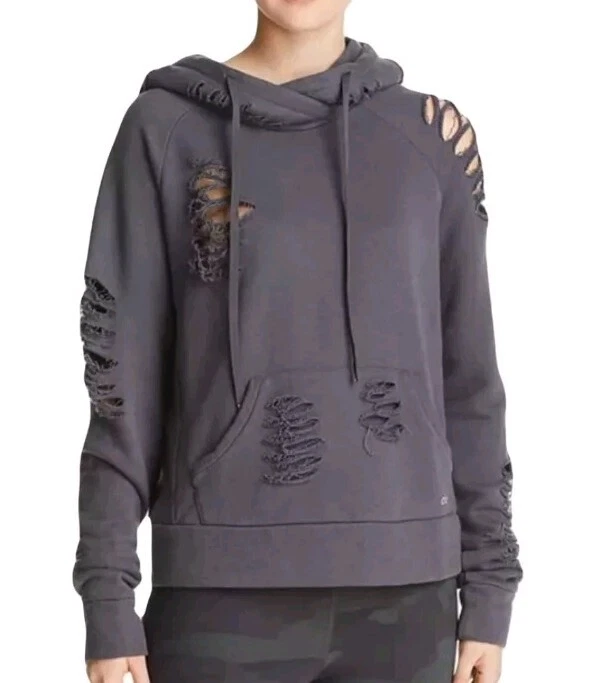 alo-yoga dark ripped distressed hoodie