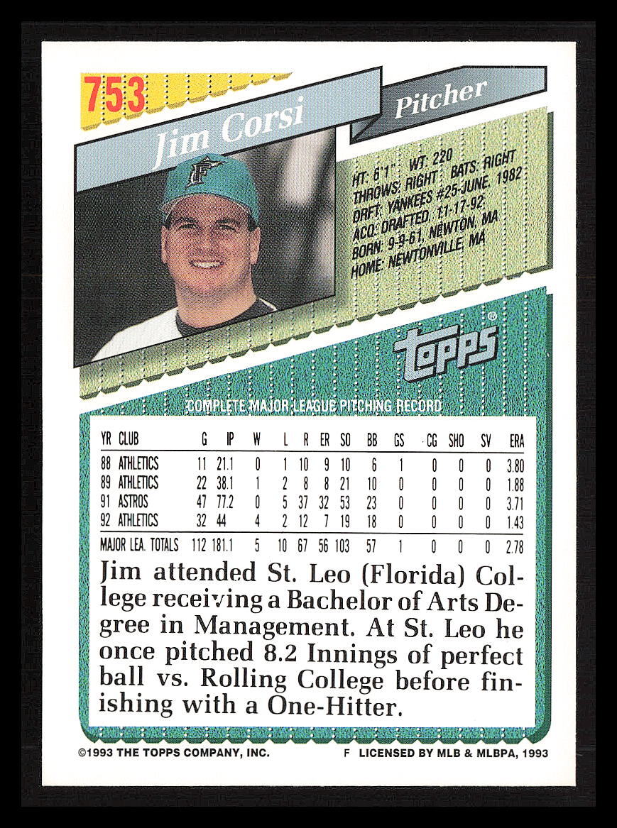 Jim Corsi 1993 Topps Gold #753 Florida Marlins | eBay