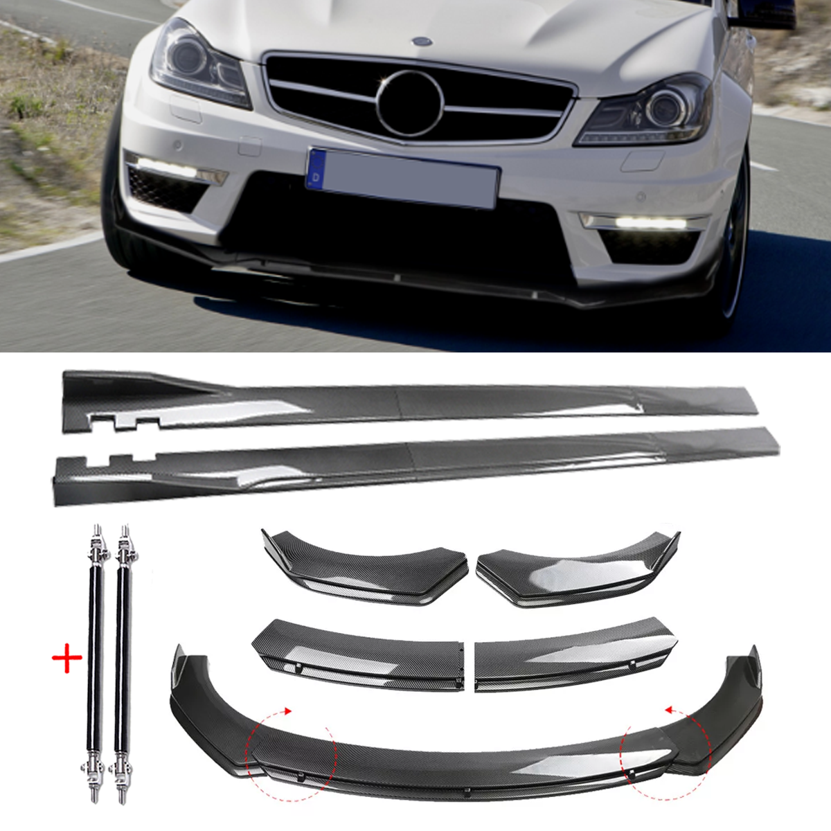 Mercedes-Benz Carbon Fiber Front Lip Spoiler & Bumper Kit with Strut Rod