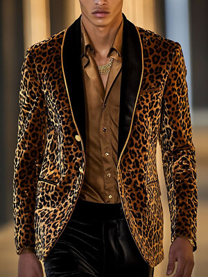 Men Blazer Jacket Slim Fit Velvet Leopard Shawl Lapel Formal Party