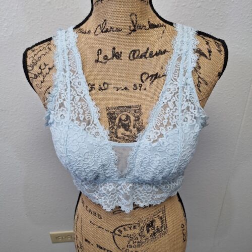 Aerie Wide Strap V-Neck Lightly Padded Lace Bra Light Blue Women's Size L