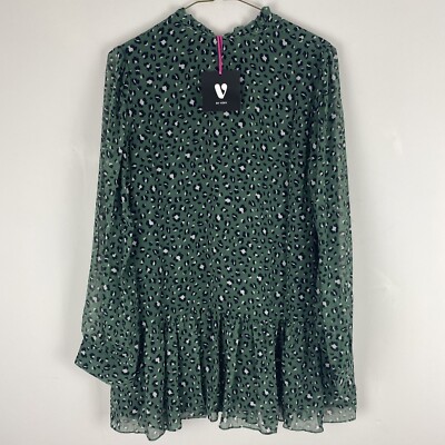 V by Very Frill Detail Tie Neck Green Animal Print Blouse Top UK10 (QVVVE) 38 