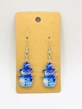 Happy Snowman Holiday/Winter Dangle/Drop Earrings Acrylic Blue/White Novelty