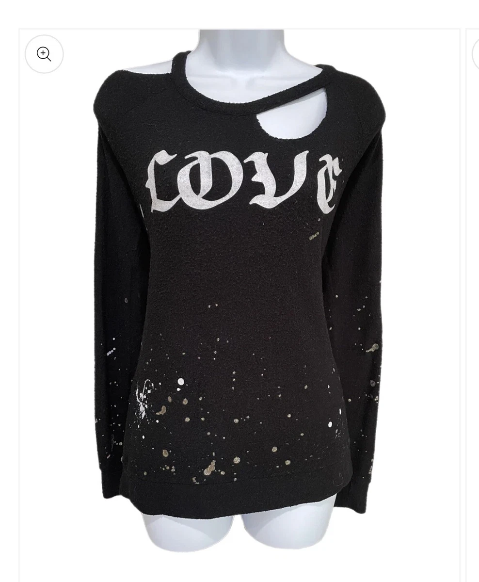 CHASER LOVE CHAMPAGNE Black Paint Sweatshirt XS Splatter Sweater cut Out