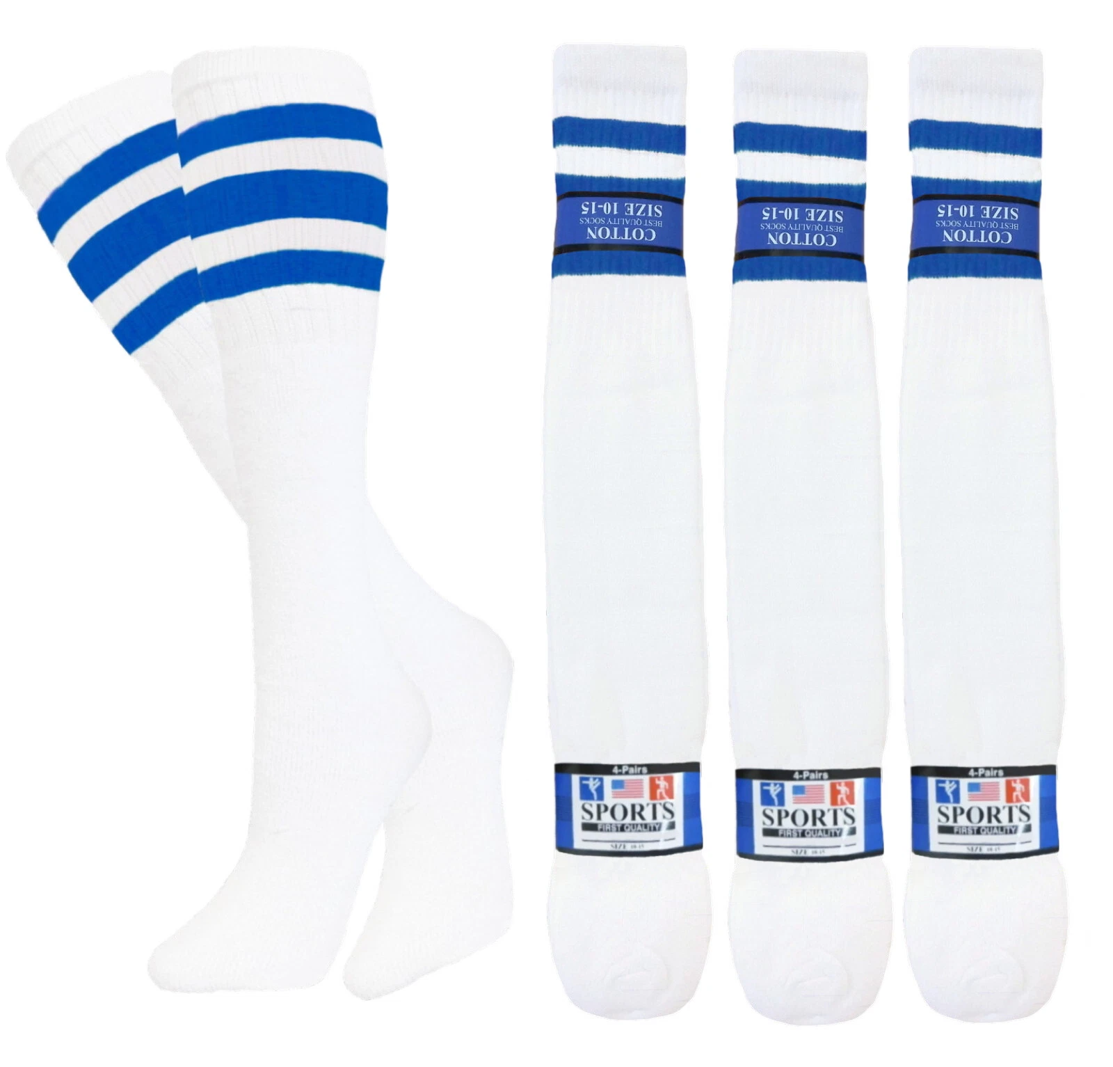 12 PK STRIPED TUBE SOCKS OLD SCHOOL COTTON ROYAL BLUE 22 INCHES SOCKS HI CALF