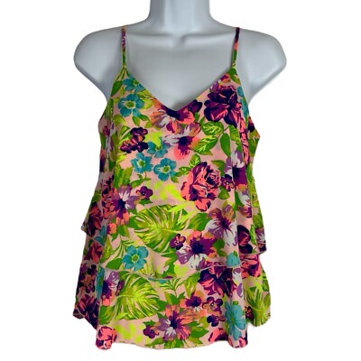Karlie Green Floral Ruffle Cami Blouse Top Size S Layered Colorful Boho Resort
