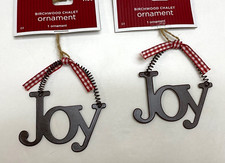 Lot/2 Joy  Country Christmas Metal Ornament  Red/ White Check Ribbon