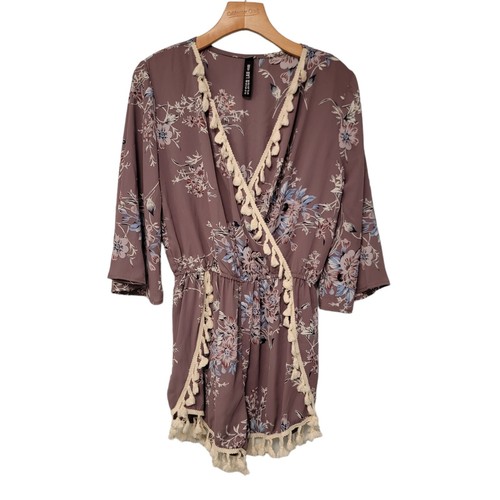 Design Lab Romper Pale Purple Floral Cream Pom Pom Trim 3/4 Sleeve Boho Small 