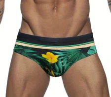 Tropical Green & Yellow Print Men's Swim Briefs. Size X-Large 36" XL