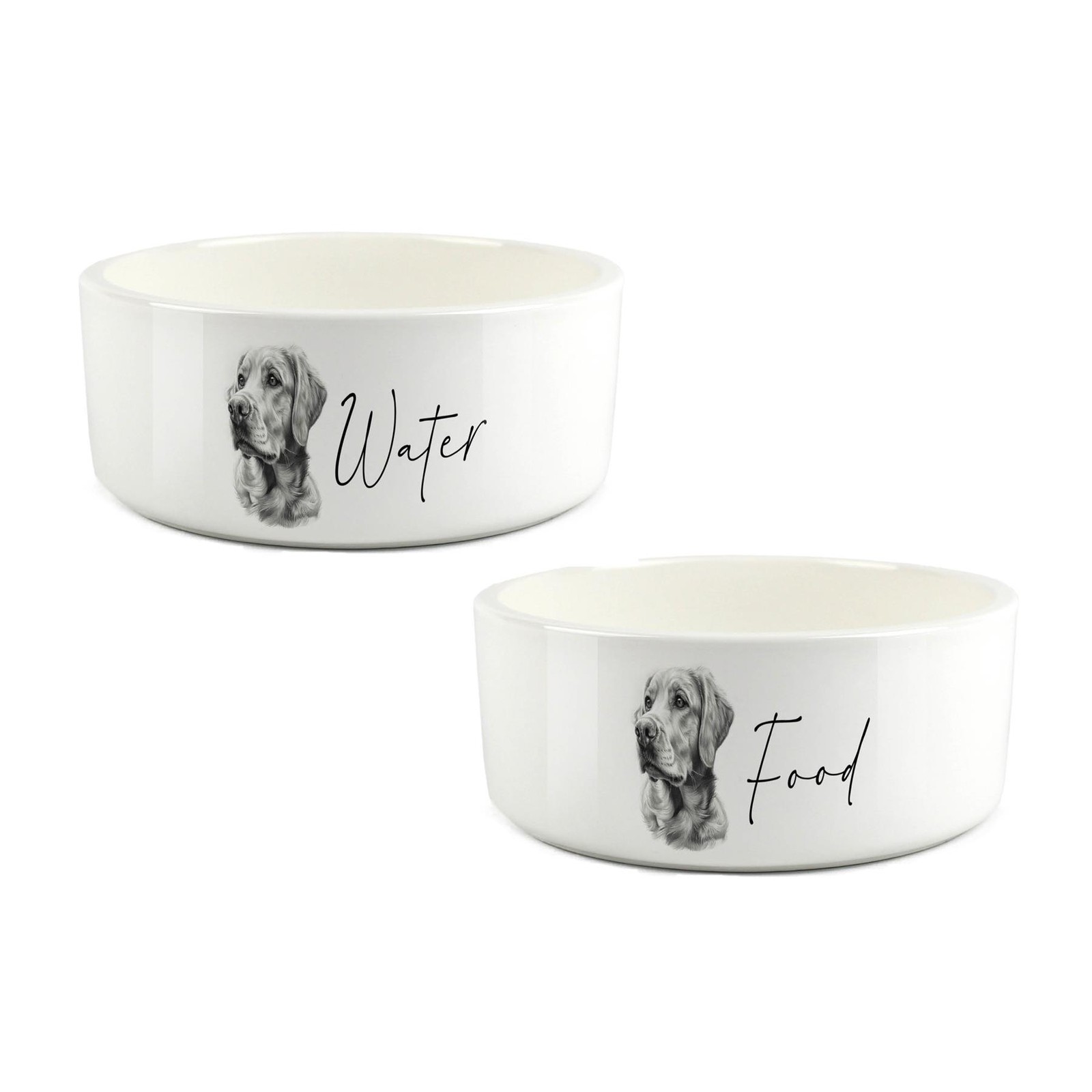 Golden Labrador Pet Bowl Set - Black & White Food & Water Ceramic Bowls Gift