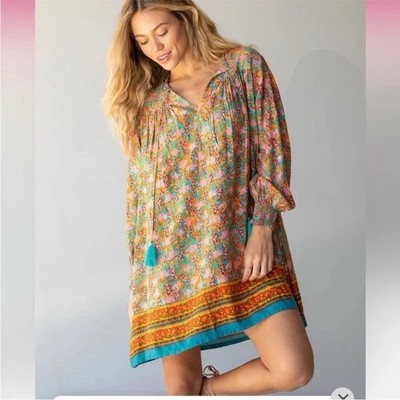 New Natural Life Dara V-Neck Mini Dress Turquoise Orange Border size XL Boho