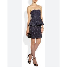 Alice + Olivia Mini Dress Blue Sequin Lace Strapless Peplum Pencil size 8