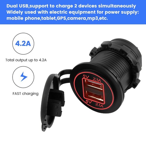 Voiture Motos Chargeur Prise Power Socket Noir DC12V-24V Double Port USB - Photo 5 sur 41