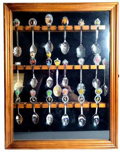 Multicolor Collectible Souvenir Spoons Lot With Wood Display Case Set