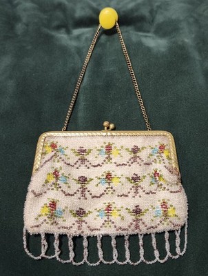 Vintage Beaded Purse Intricate Floral Pattern Flowers Tapestry Brass Handbag