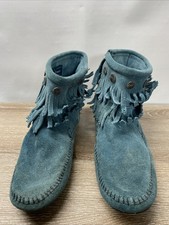 Minnetonka Ankle Boots Double Fringe Moccasin Side Zips Teal Blue Suede Size 8