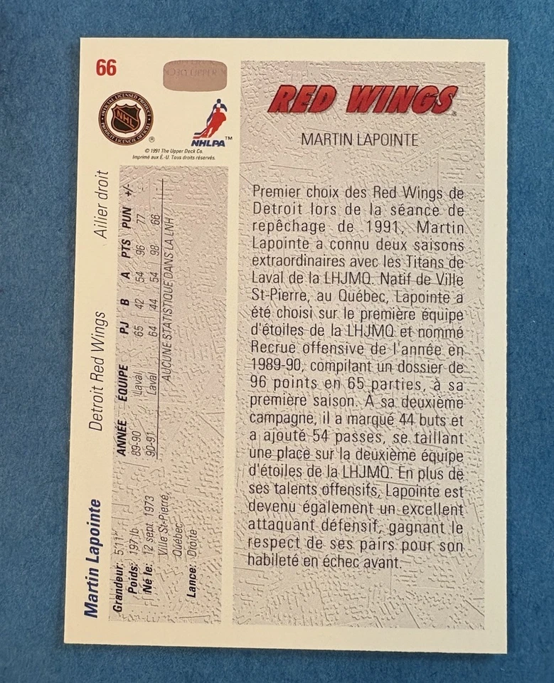 1991-92 Upper Deck French Draft Choice #66 Martin Lapointe Detroit Red Wings NHL - Image 2 of 2
