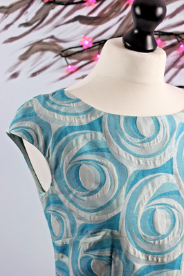 Artigiano Italian Wiggle Dress Lined Blue Swirl size UK 10 Occasion 60s Style